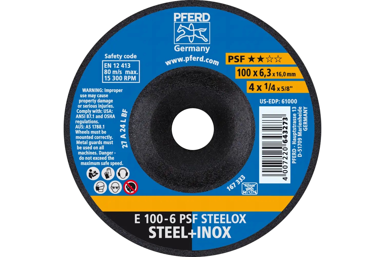Picture of Pferd Grinding Wheel, 4" X 1/4 X 5/8, Psf Steelox, T27, Aluminum Oxide